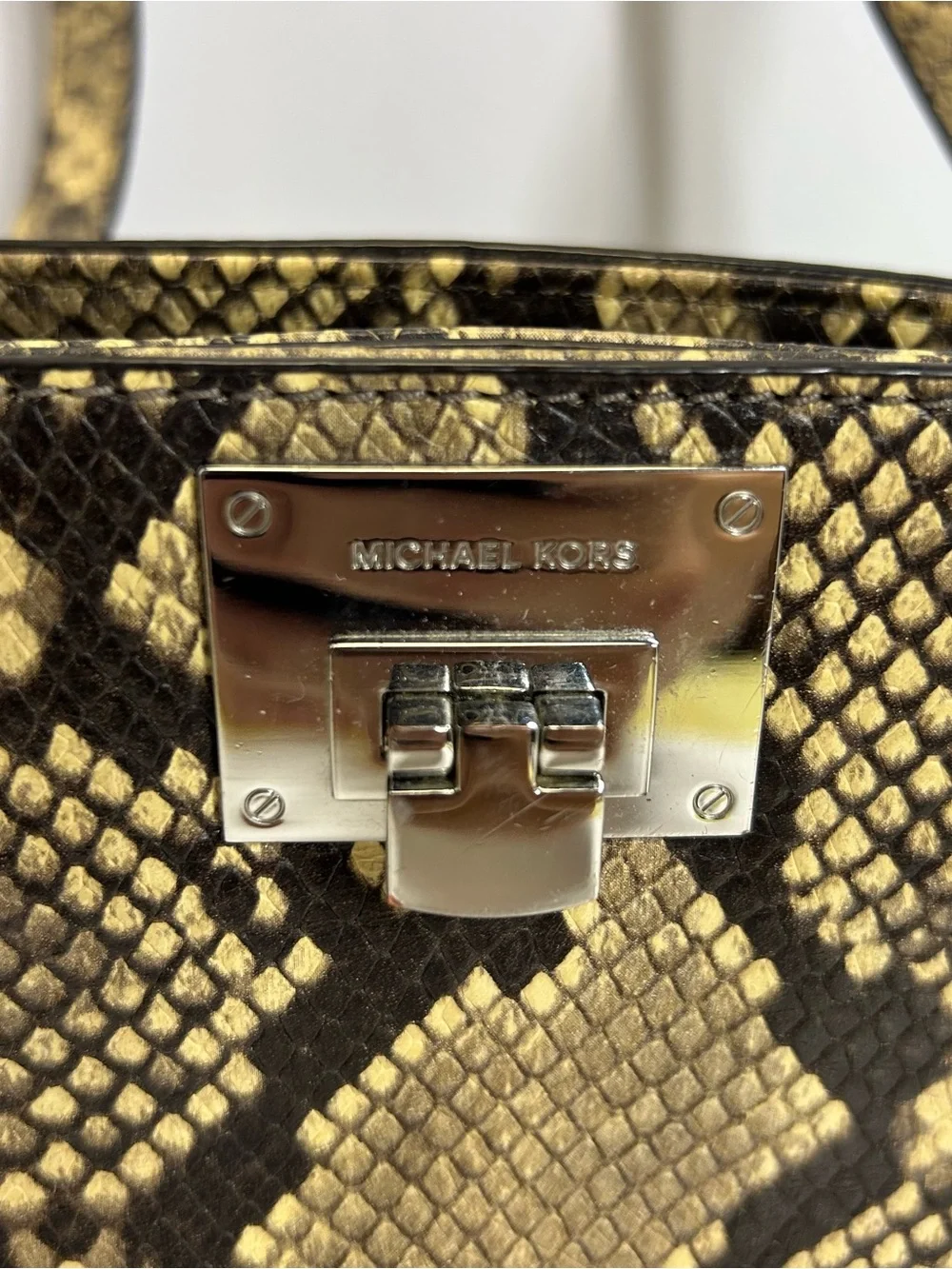 Michael Kors Snake-Print Leather Tote Doible Handle Shoulder Bag Purse Black Tan